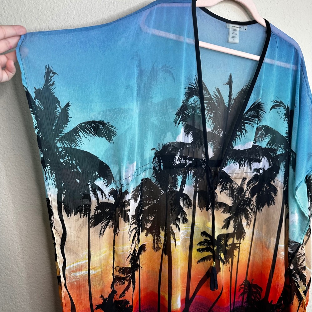 Bleu Rod Beattie Tropical Sunset Palm Tree Sheer Swim Cover Up Kaftan Medium - Picture 2 of 5